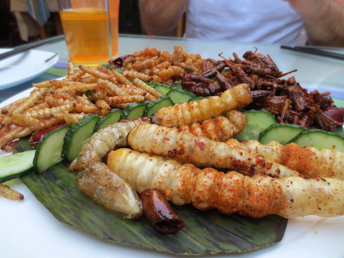Close-up of fried insects on plate