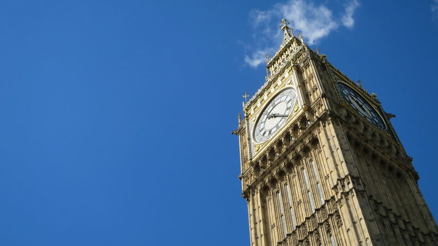 Low angle view of big ben against cloudy sky in city