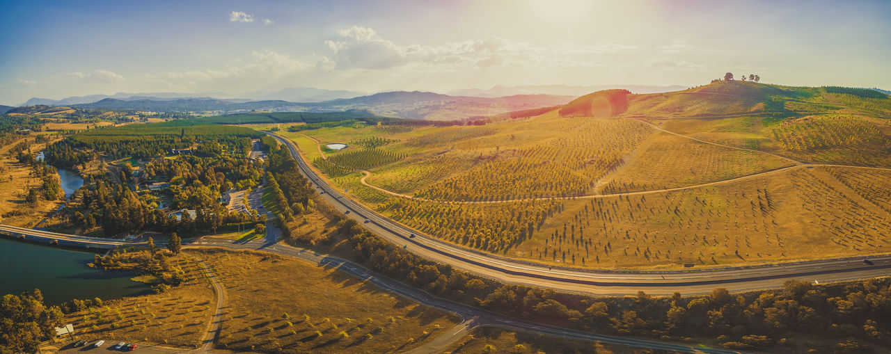 Aerial panorama of beautiful countryside at sunset in canberra, australia