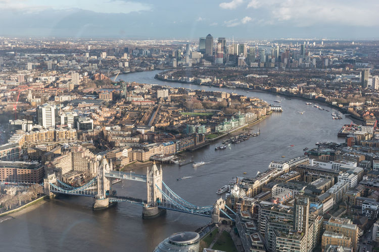 High angle view of city at riverbank