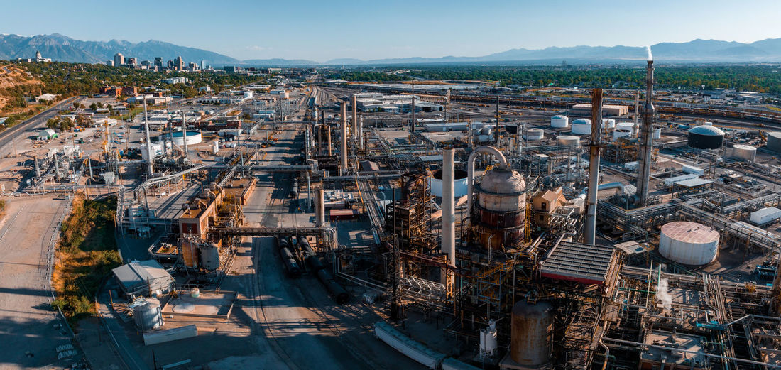 Aerial view of salt lake city oil refineries. burning coal producing energy.