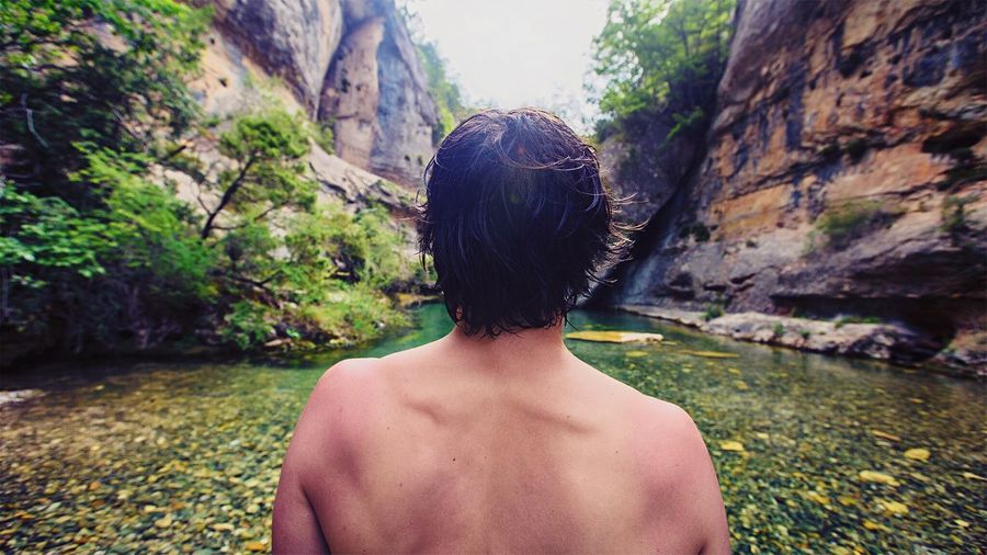 Rear view of shirtless man in lake against rock formations