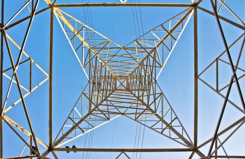 Directly below shot of electricity pylon against clear blue sky