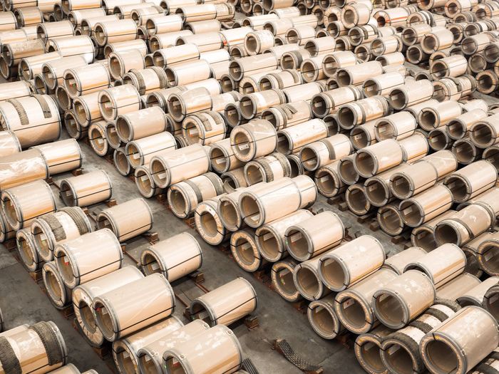 High angle view of huge pipes at industry
