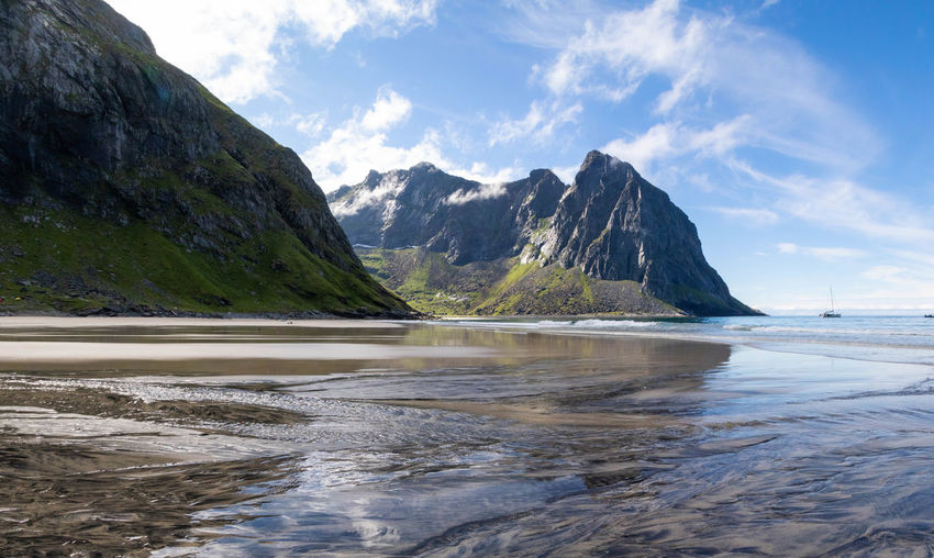 Panorama of a remote beach by the arctic ocean and mountains in lofoten, norway
