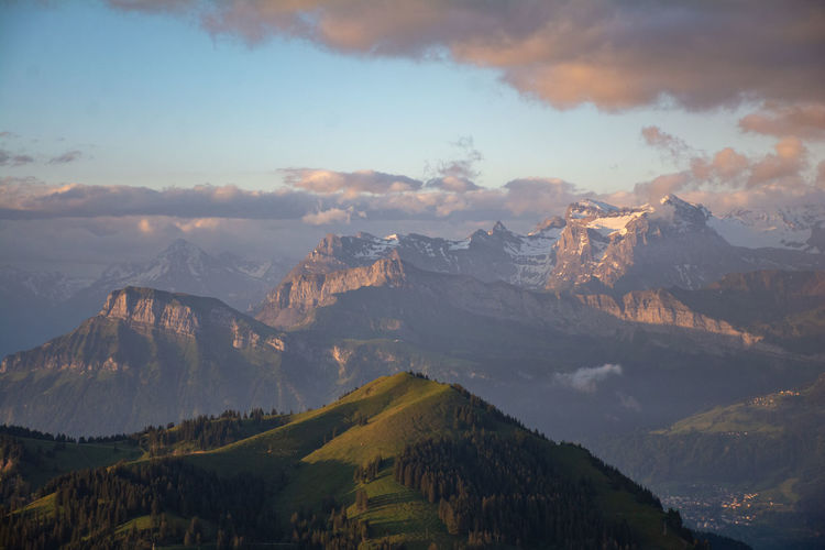 Scenic view of swiss alps during the sunrise from top of rigi kulm. 