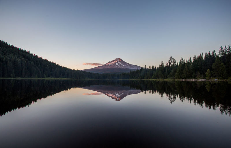 Scenic view of calm lake by mount hood against clear sky during sunset