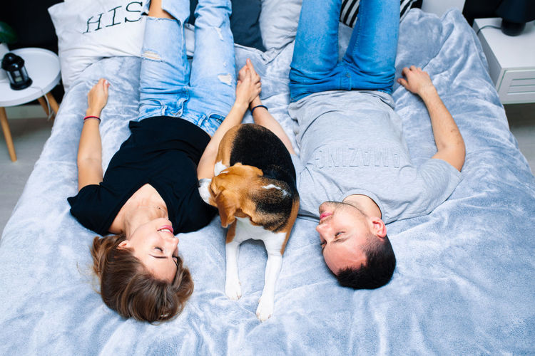 High angle view of couple with dog relaxing on bed