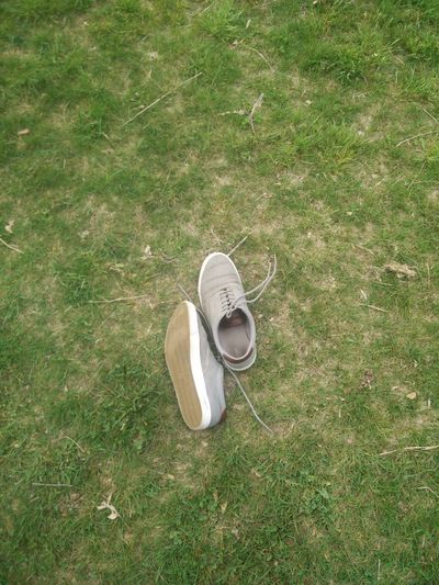 High angle view of shoes on grass