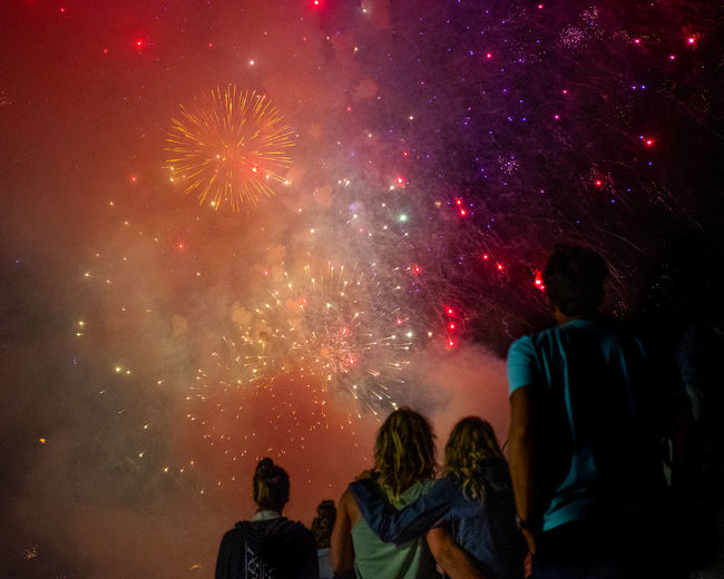 Rear view of people watching firework display in sky at night