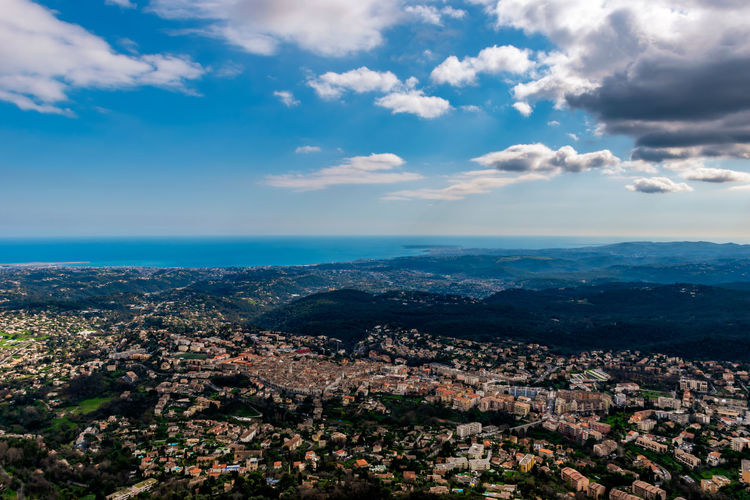 Aerial view of townscape against sky