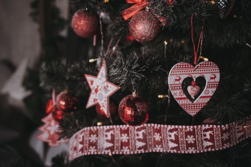 Close-up of heart shape hanging on christmas tree