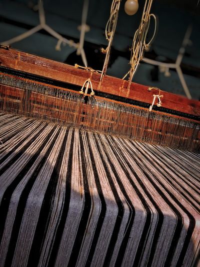 Close-up of handloom in factory
