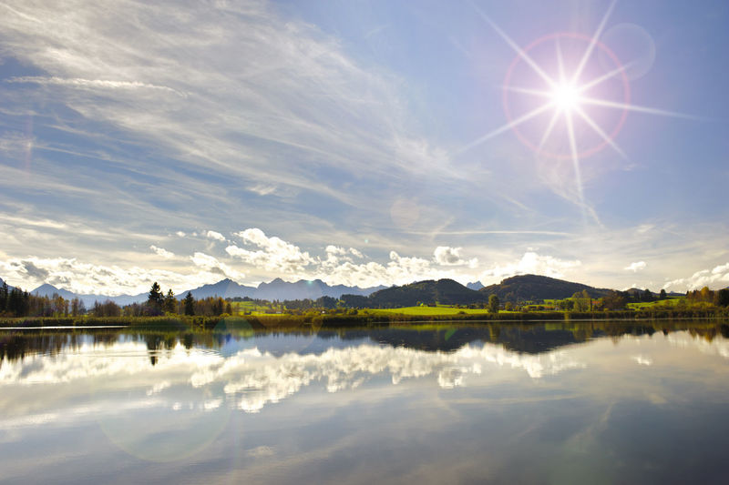 Wide angle view to alps mountain range mirroring in lake forggensee in region allgaeu in bavaria