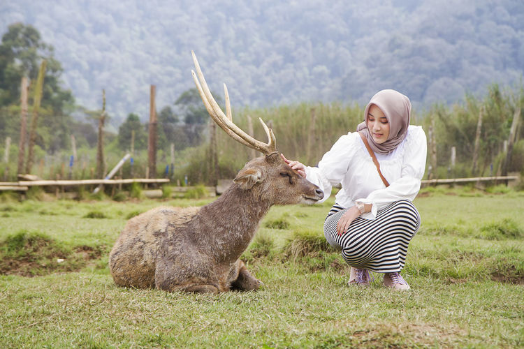 Beautiful asian girl playing and feeding a deer at rancaupas, ciwidey, bandung, indonesia
