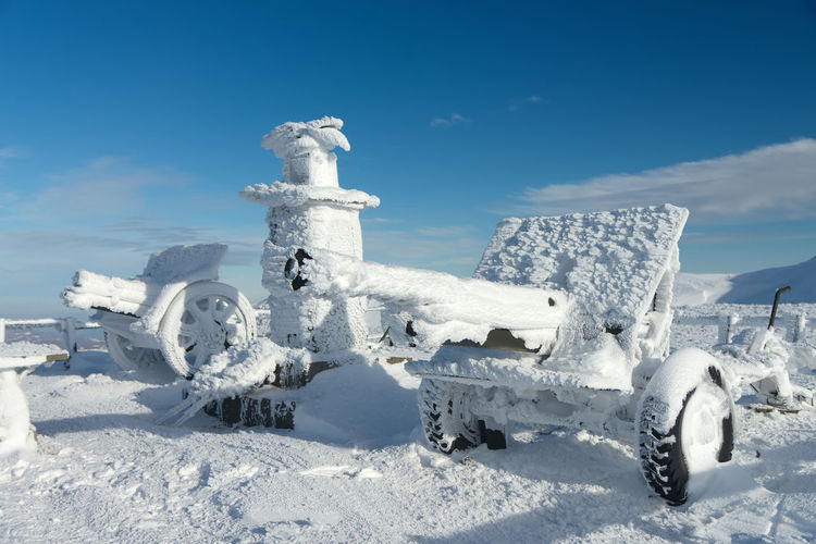 Snow covered field against sky