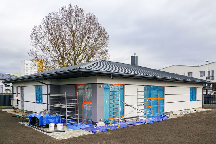Unfinished modern prefabricated single storey thermally insulated energy saving private house 
