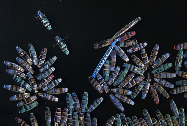 Aerial view of floating market in river