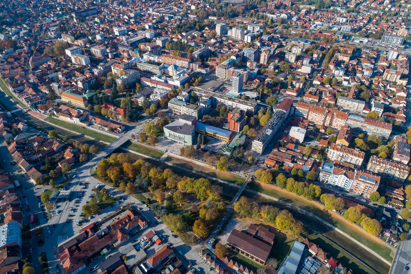 Valjevo - panorama of city in serbia. aerial drone view center of the kolubara district in serbia
