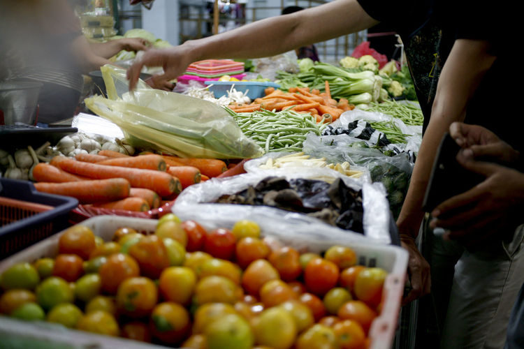 Vegetables on display at market stall