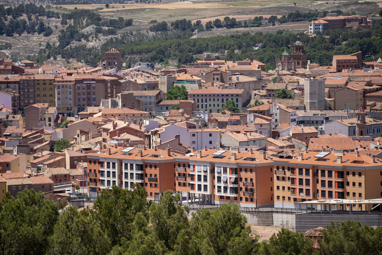 High angle view of buildings in town teruel
