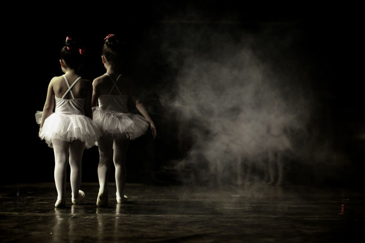 Rear view of ballet dancers walking on stage
