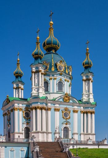 The st. andrew church and the andriyivskyy descent in kyiv, ukraine, on a sunny summer day