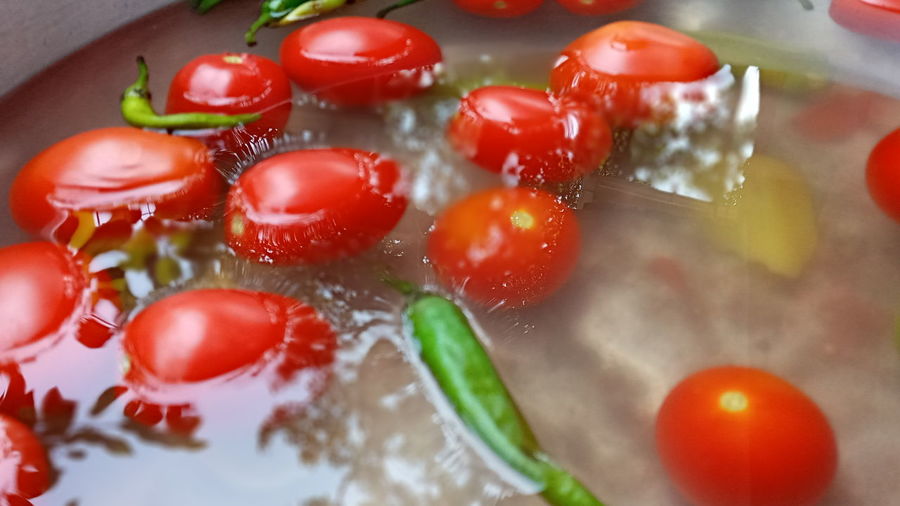 High angle view of cherry tomatoes in plate