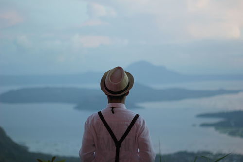 Rear view of man looking at islands during sunset