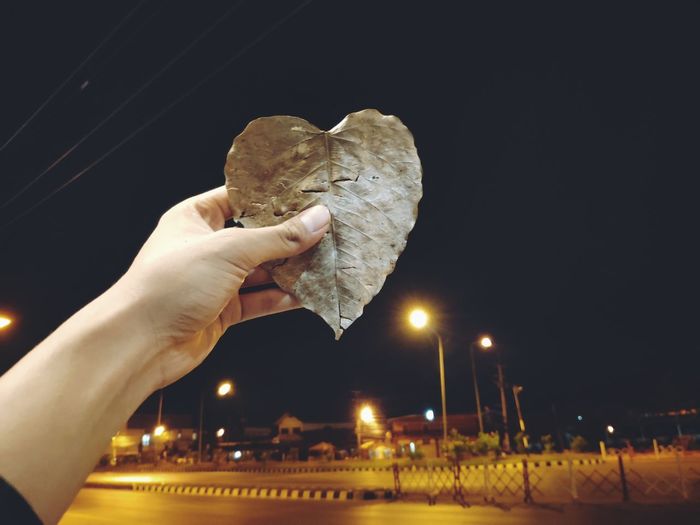 Person holding heart shape at night