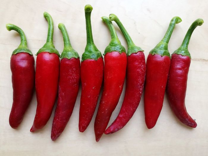 High angle view of chili peppers against white background