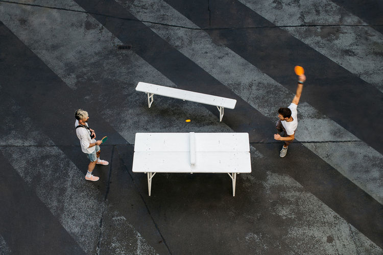 High angle view of people working