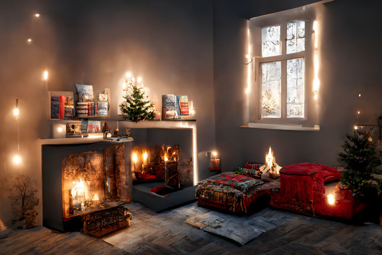 Cozy domestic christmas interior with window, bed, candles and fireplace, neural network generated