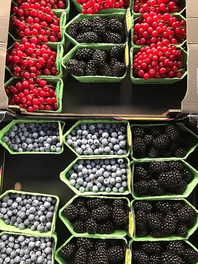 Directly above shot of various berries for sale at market stall