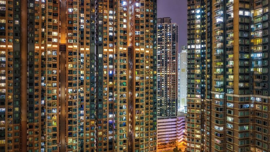 Illuminated buildings in city
