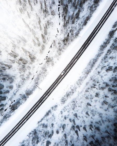 Aerial view of snow covered road against sky