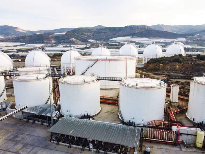 Liquified natural gas storage. lng or lpg gas plant. storage tanks for liquefied gas. aerial view