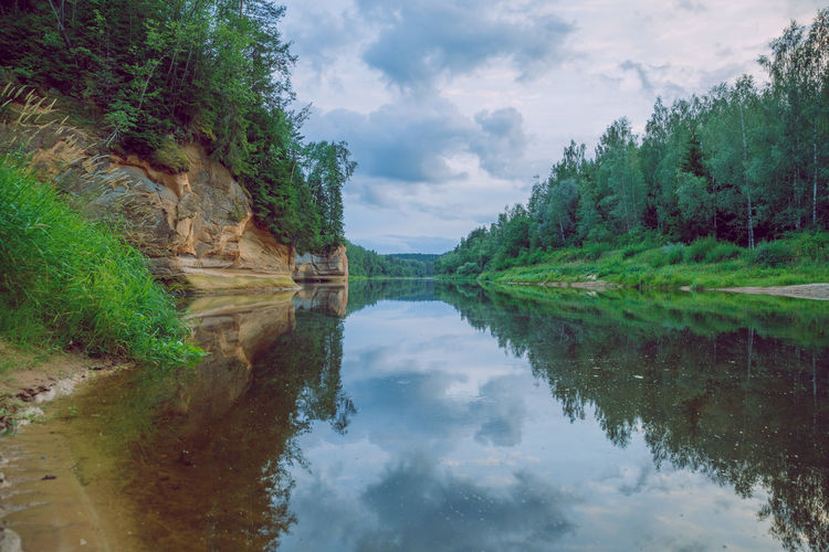 Scenic view of lake by trees against sky