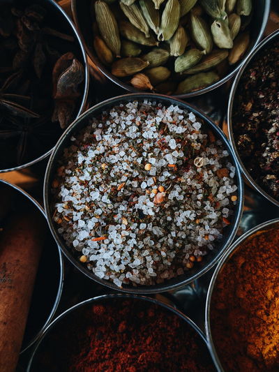 Directly above shot of spices in bowls on table
