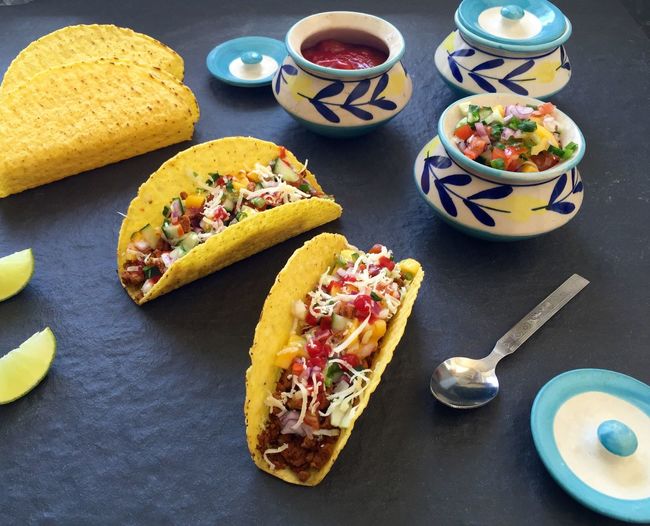 High angle view of tacos on table