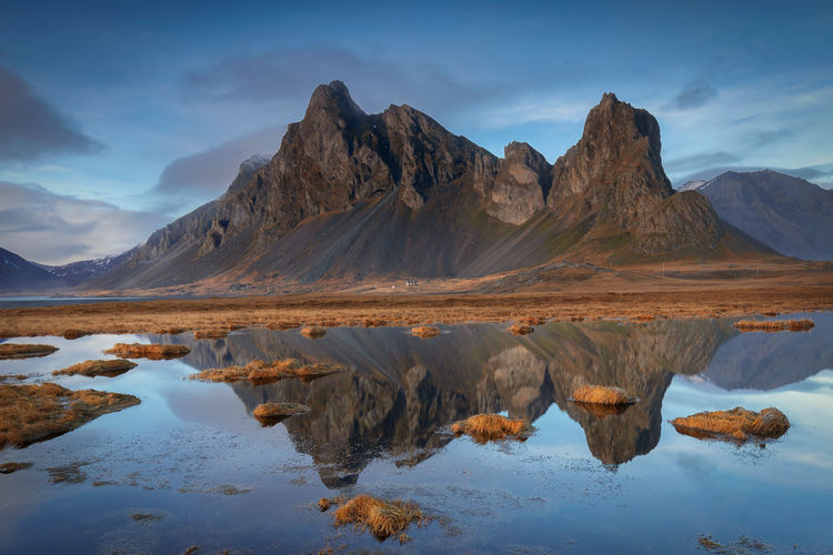 Reflection of mountain range in lake against sky