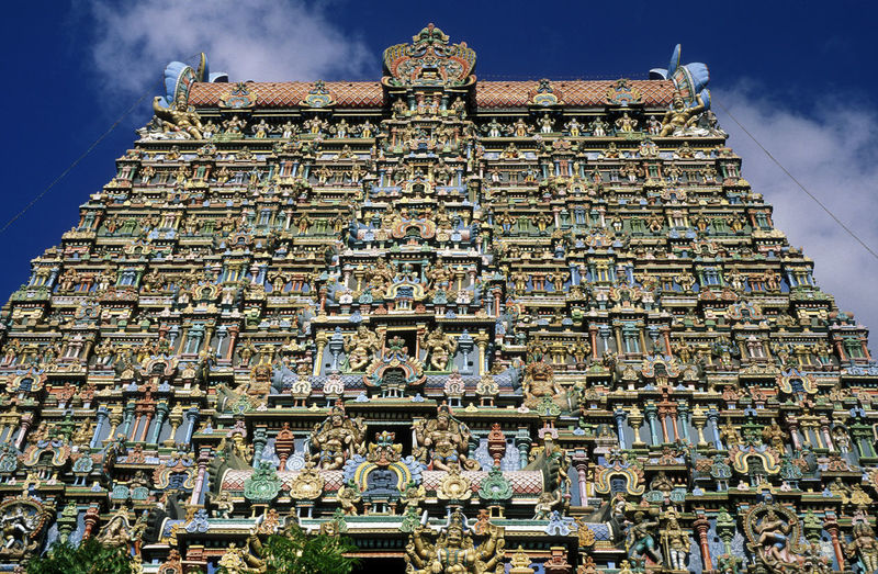 Low angle view of meenakshi amman temple against sky