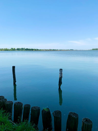 Wooden post in lake against clear blue sky