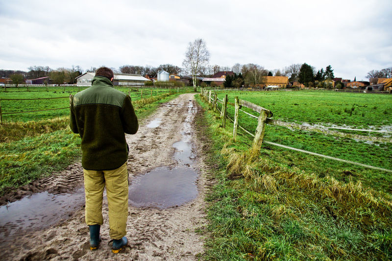 Rear view of man standing on farm