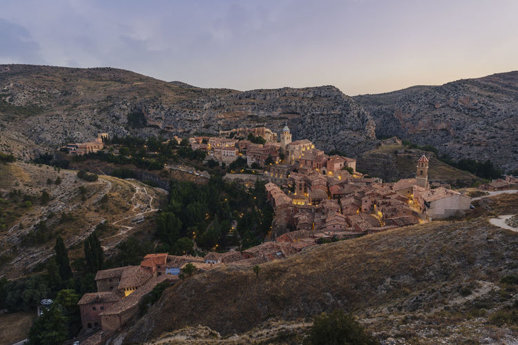 Albarracin at dusk in teruel province, one of the most beautiful towns in spain.