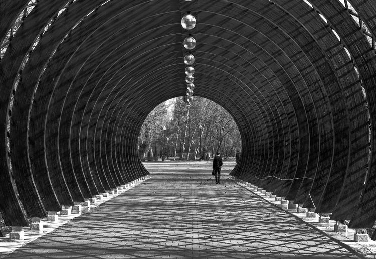 Rear view of man walking in arch structure at park