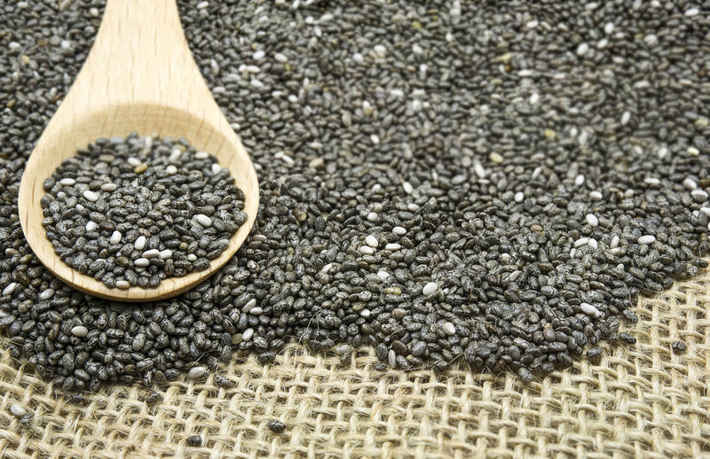 Close-up of chia seeds in spoon and table