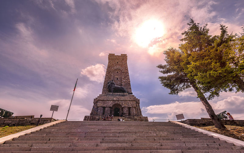 Low angle view of historical shipka monument building against sky