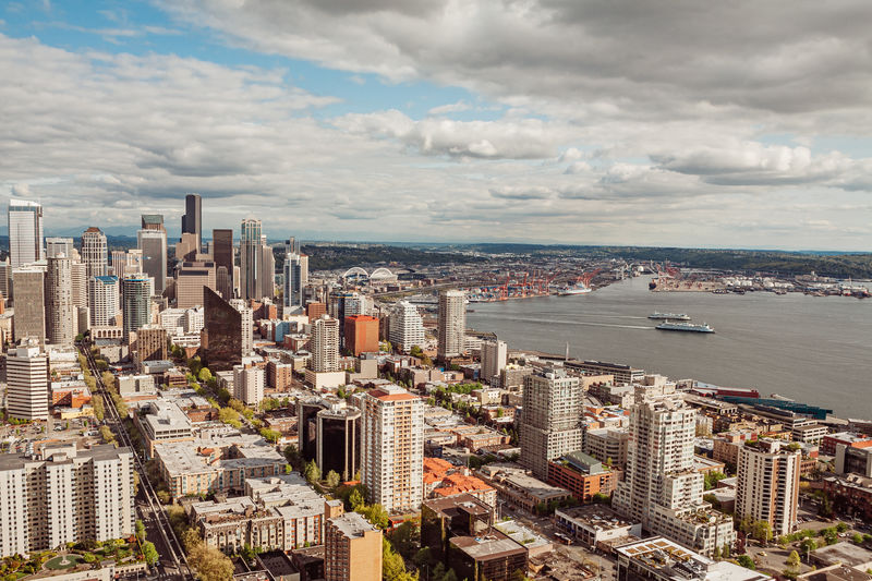 High angle view of buildings against sky