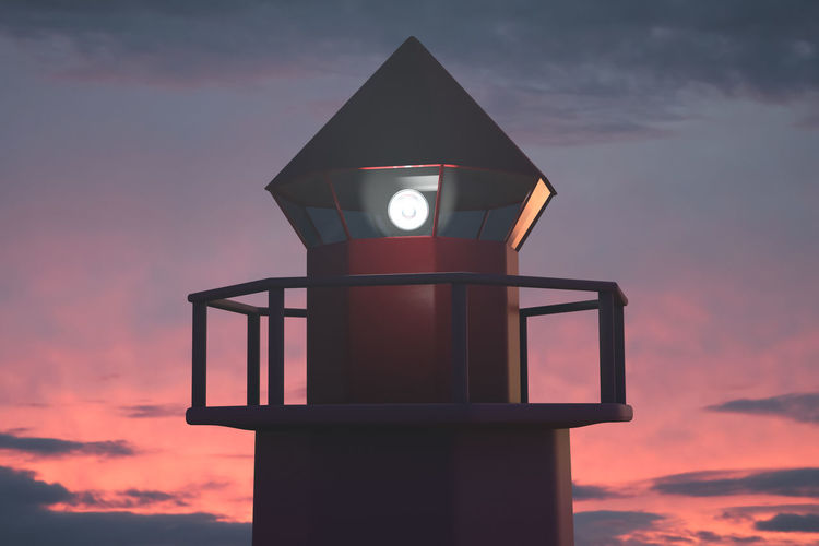 Marine active lighthouse tower. sunset or dawn sky in the background. nautical theme